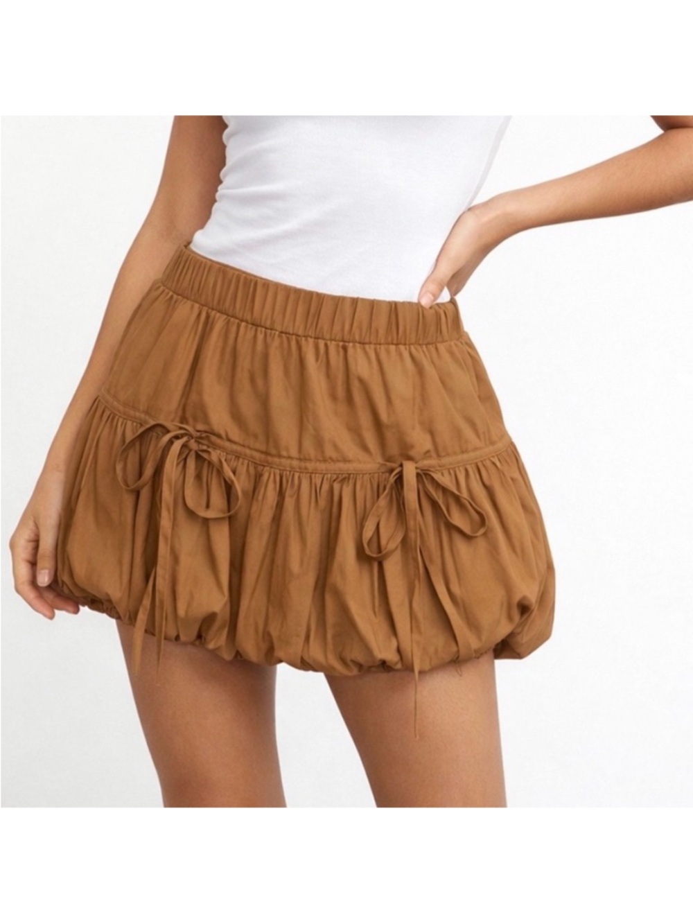 Cherry Mellow 100% Cotton Brown Y2K Ruched Bubble Bow Mini Skirt Size Large